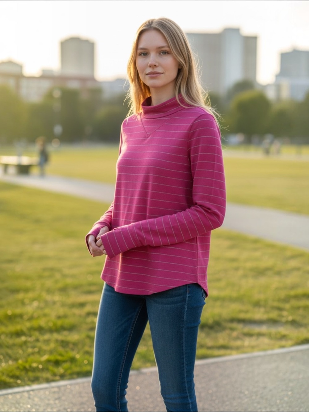 T by Talbots Supersoft Pink w/ Silver Metallic Stripe Slouchy Turtleneck Top S